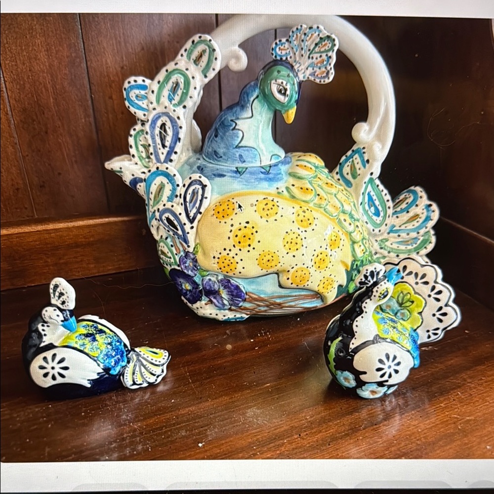 Handcrafted Peacock Pitcher with Matching Salt & Pepper Shakers by Blue Sky Cera
